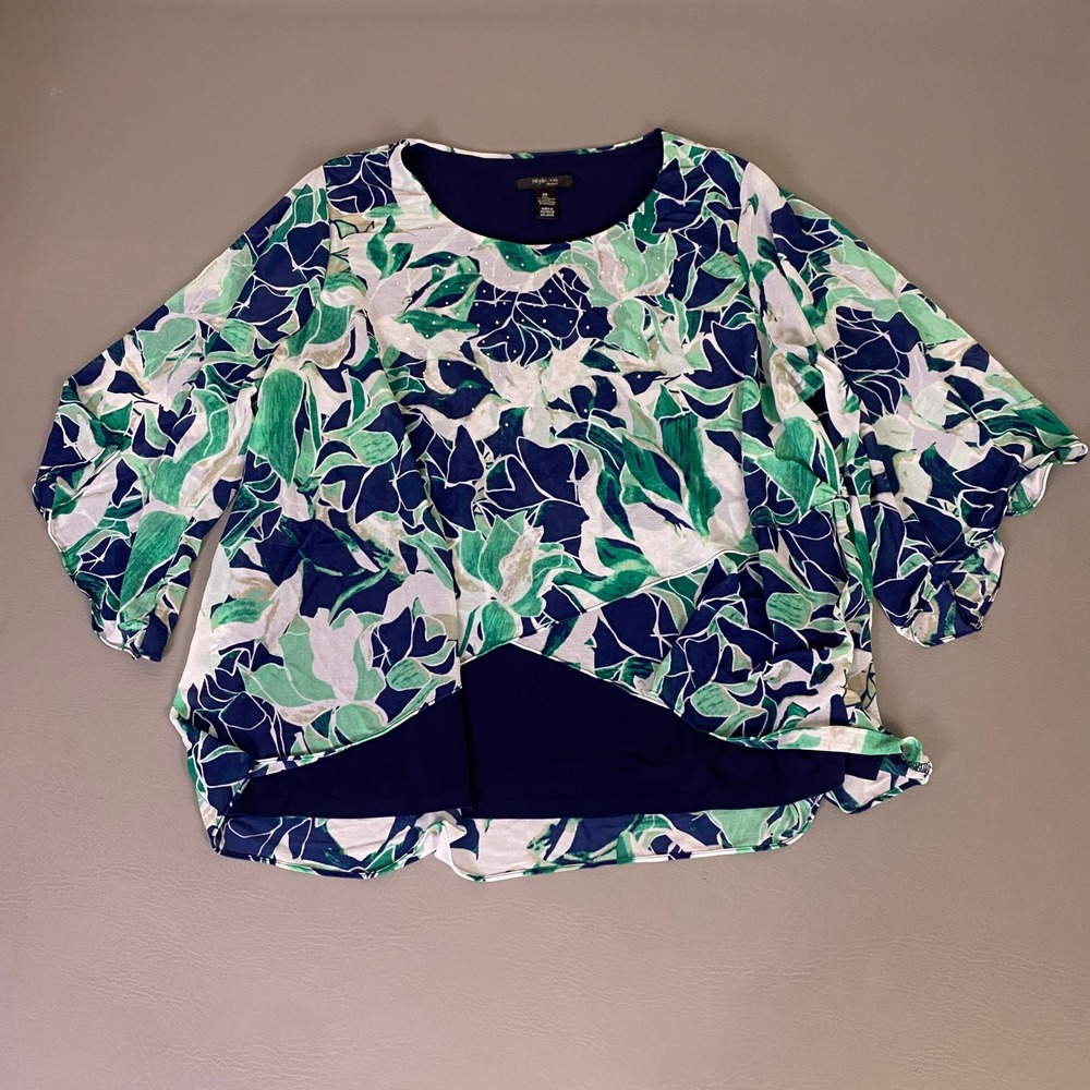 Style & Co Blouse Plus 3X Blue Green Floral Rhinestone Chiffon 3/4 Sleeve Layers